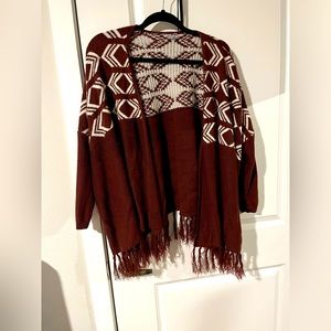 Charlotte Russe Aztec/Boho Maroon Cardigan Sweater w/ Fringe Size: Small-Medium